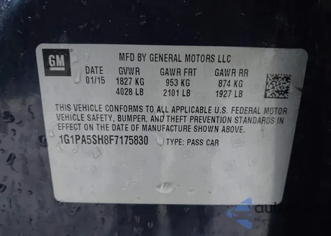 2015 Chevrolet Cruze Ls Auto z USA, uszkodzony, nr VIN 1G1PA5SH8F7175830